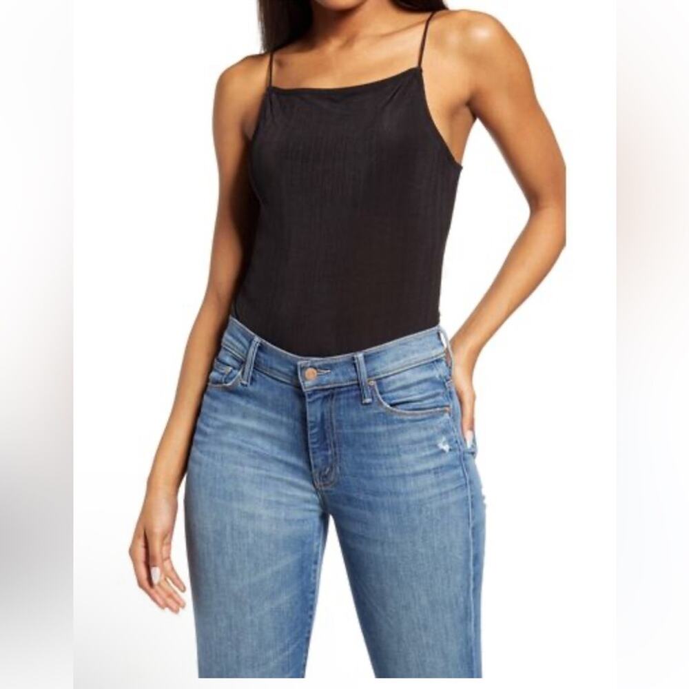 NWT Vero Moda Black Square Neck Spaghetti Strap Bodysuit Singlet Snaps Size L